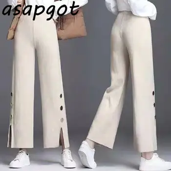 

Autumn Winter New Knitted Wide Leg Pants Casual Ankle Length Pants Knitting Wool Side Split Black White Grey Chic Wild Casual