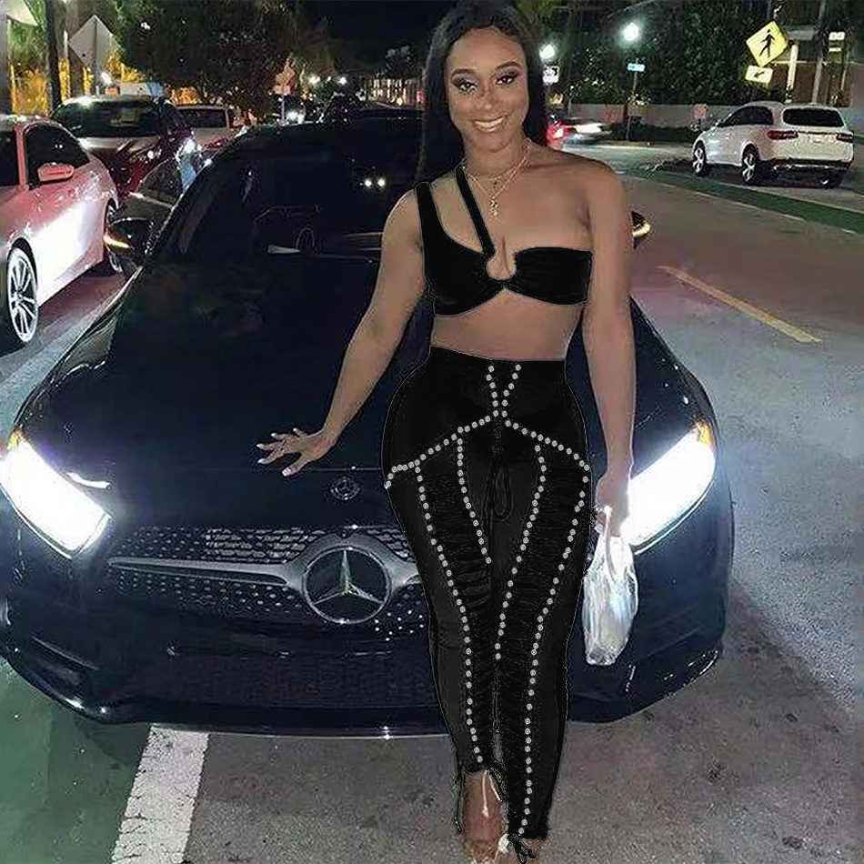 2020 new fashion sexy white womens set one-shoulder top & tpencil trousers 2 two-piece club celebrity party Bodycon pants set