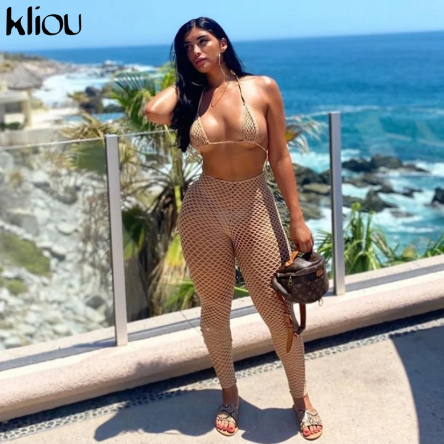 Kliou-Conjunto de dos piezas formado por top transparente para mujer, ropa de calle, Sexy, sin mangas, con cuello Halter, pantalones a cuadros