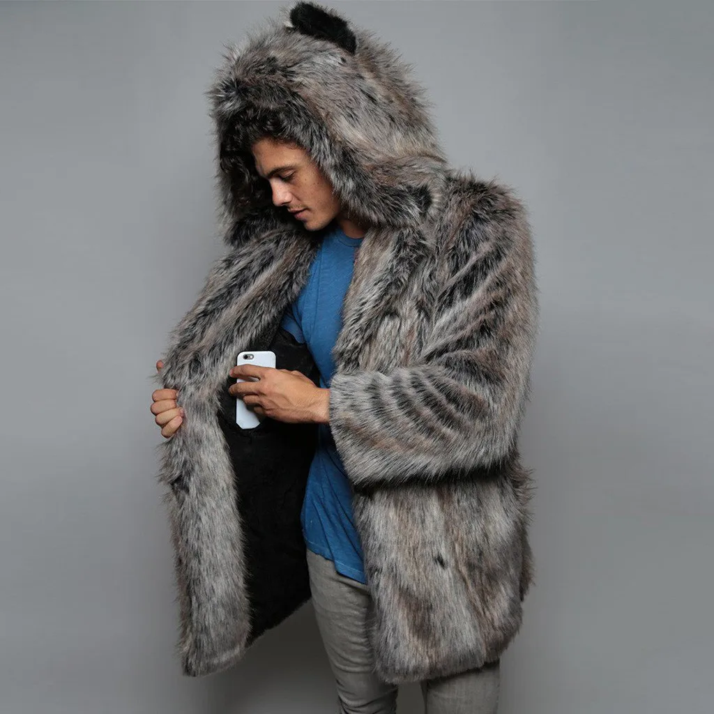 Winter Cardigan Mens Overcoat Warm Thick Faux Fur Coats With Hood Fur Parka Oversized Men Fur Overcoat Warm Faux Fur Jacket Men