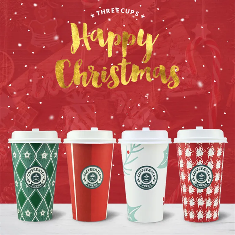 

50pcs Creative thick disposable paper cup 500ml red white green coffee juice beverage cold and hot drink packaging cups with lid
