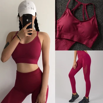 

2pcs Women's Yo-ga fitness Sportswear Quick-Drying Sexy Bra Top + High Waist Seamless Sport Leggings and Top Yo-ga Sets 2020 New