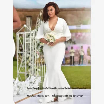 

Sexy Plunging Neck Bridesmaid Dresses With 1/2 Long Sleeves White Satin Mermaid Party Wedding Guest Dress For Women