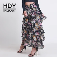 HDY Haoduoyi, Новое поступление, Женская Осенняя Стильная Милая модная юбка с растительным принтом и ламинатом, длинная юбка