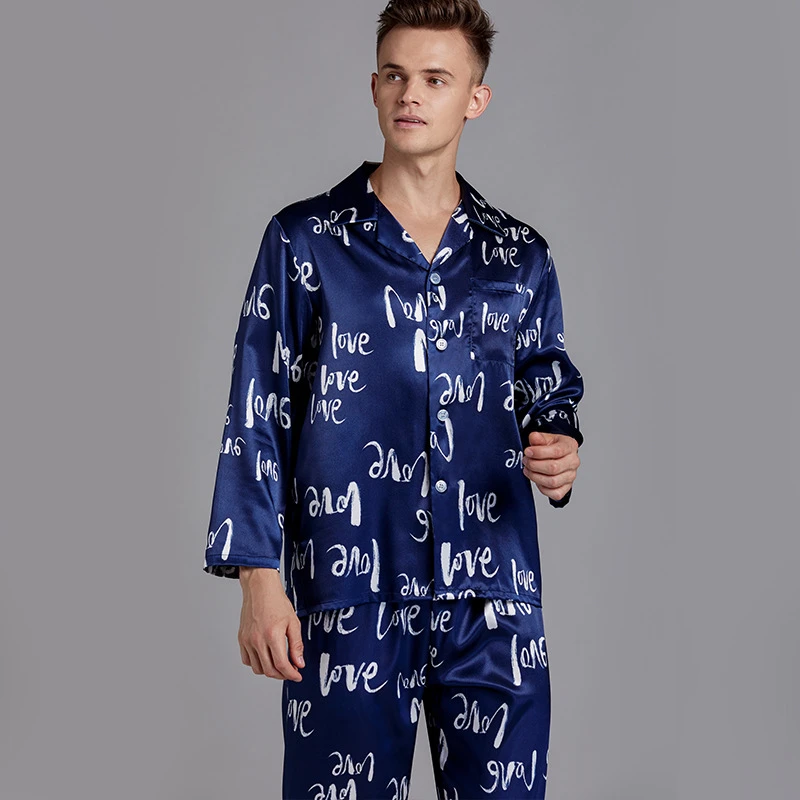2 uds conjunto de pijamas de satén ropa de dormir informal para hombre ropa de Kimono vestido de novia Camisa estampada y pantalones ropa de hogar íntima sedosa|Sets de pijama