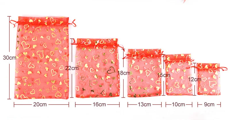 100 шт./лот 7X9 см X 9 см X 12 см 11X16 см 13X18 см золотое любовное сердце роза свадебная сумочка из органзы из тонкой прозрачной ткани, подарок на Рождество, спальные мешки для упаковки ювелирных изделий