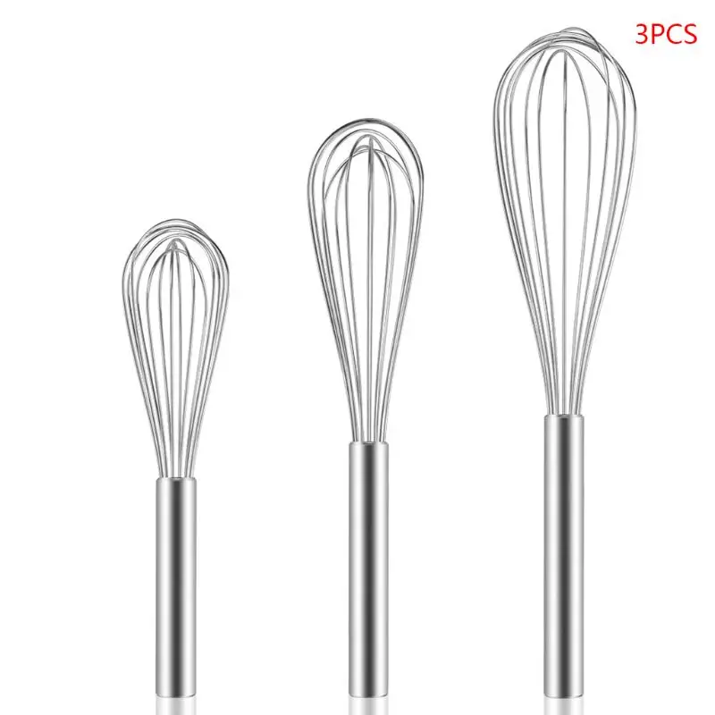 3pcs/set 8'' 10'' 12'' Stainless Steel Egg Beater Hand Whisk Flour Mixer Blender Frother Cream Whippers Kitchen Dessert Tool