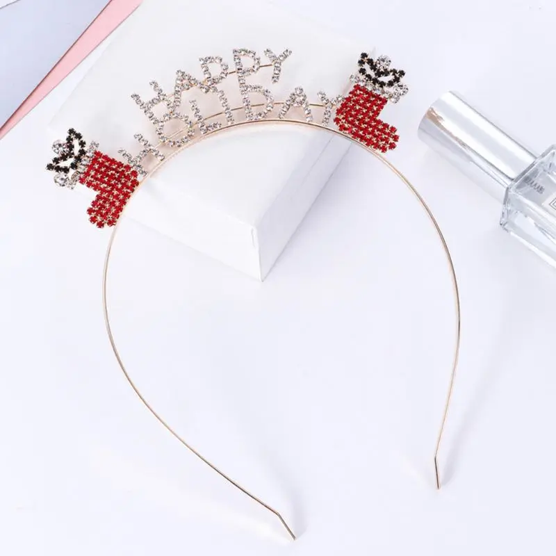 Adult Kid Christmas Alloy Headband 3D Happy Holiday Letters Socks Rhinestone Tiara Hair Hoop Boutique Festival Party Photo Props