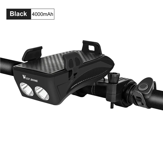 Black 4000 mAh WEST BIKING Многофункциональный 4 в 1 велосипед светильник 400 люмен велосипед вспышки светильник рожок для велосипеда держатель телефона Мощность Bank велосипедная Передняя светильник - Цвет: Black 4000 mAh