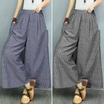 

Casual Pockets Wide Leg Pants ZANZEA Women's Pants 2020 Vintage Stripe Printed Long Trousers Elastic Waist Pantalon Palazzo 5XL