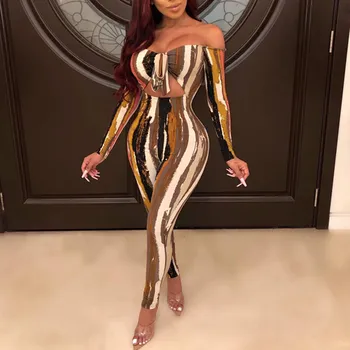 

HONZBORY Striped Strapless Shoulder Women Jumpsuit Elegant Off Shoulder Sashes Ladies Long Jumpsuit 2019