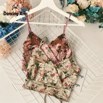 

Woman Vest Sexy Strap V-neck Backless Velvet Crop Tops Office Lady Vintage Floral Printed Elastic Bandage Female Short Tank Tops