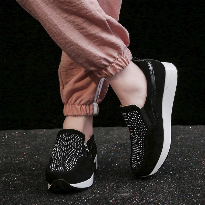 

woman high heels shoes Platform shoes short thick edging flock sneaker Casual shoes big size cotton women Diamond sequins pink