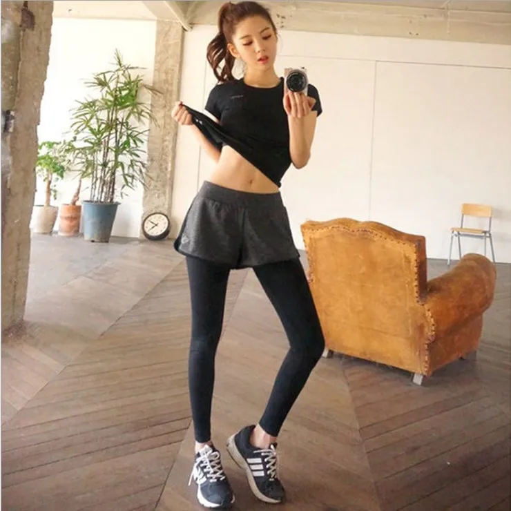 

Korean-style Fitness Dance Yoga Athletic Pants Women's Slimming Mock Two-Piece Capri Pants Quick-Dry Training Large Size Running