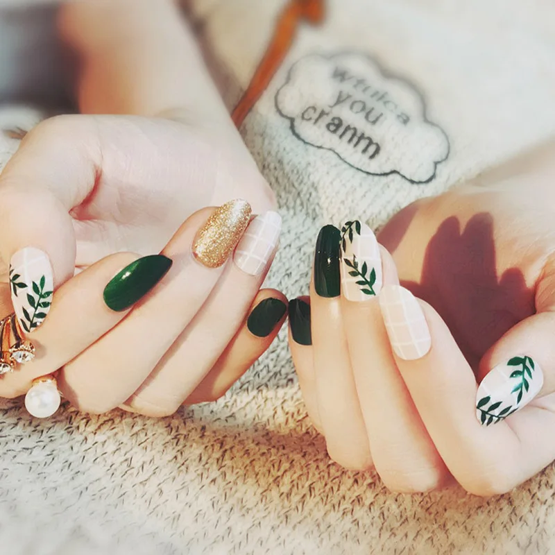 24 шт./Корд накладные ногти с зелеными листьями Простой декоративный для маникюра