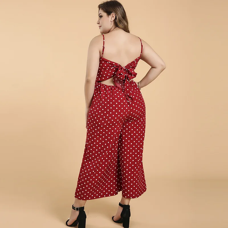 DOIB Women Polka Dot Rompers Red Bow Tie Spaghetti Strap Plus Size Playsuit Summer Wide Leg Large Size Jumpsuits 6XL