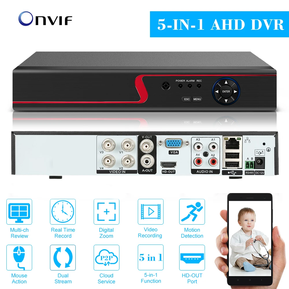 Аналоговая камера высокого разрешения CVI TVI NVR HVR 5-в-1 DVR 4CH 1080P видеомагнитофон ONVIF P2P подключением к телефону мониторинга для видеонаблюдения Системы комплект