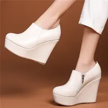 

Party Pumps Women's Genuine Leather Ankle Boots Round Toe Platform Wege High Heels Wedding Party Shoes 34 35 36 37 38 39