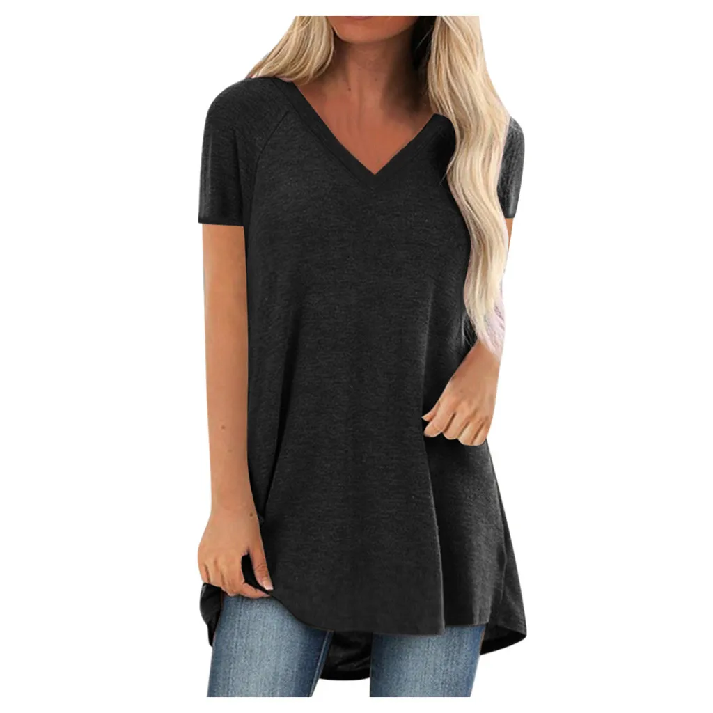 Plus Size Fashion Solid T-Shirt Casual Summer tshirt Ladies V-Neck Tunic Tops Female Women Short Sleeve Shirt 