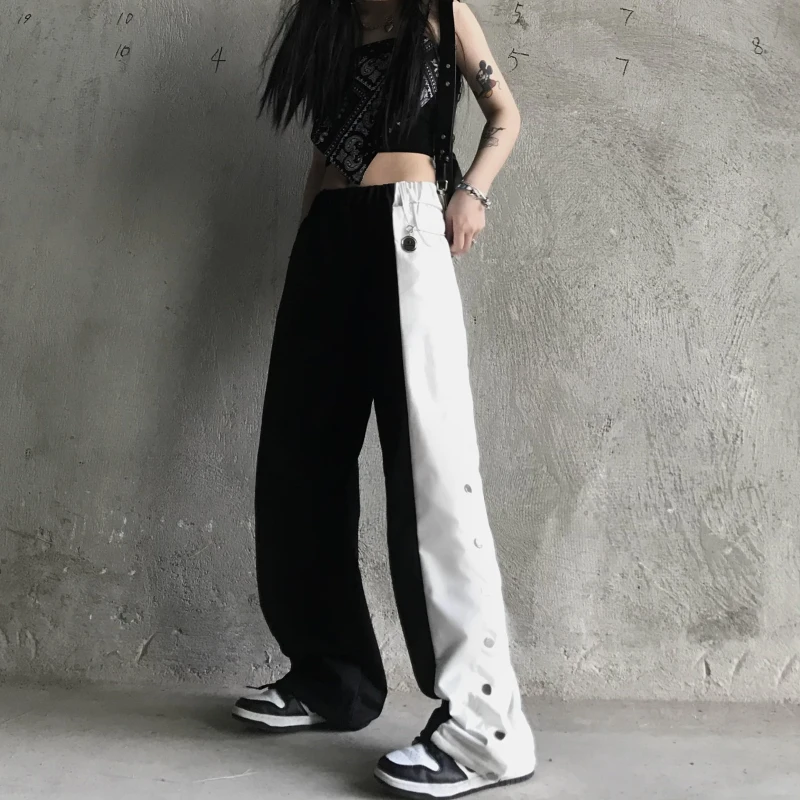 

Elastic Waist Button Cool Women Trouser Gothic Streer Lady Outdoor Long Pants Black White Contrast Color Harajuku Pant Clothes