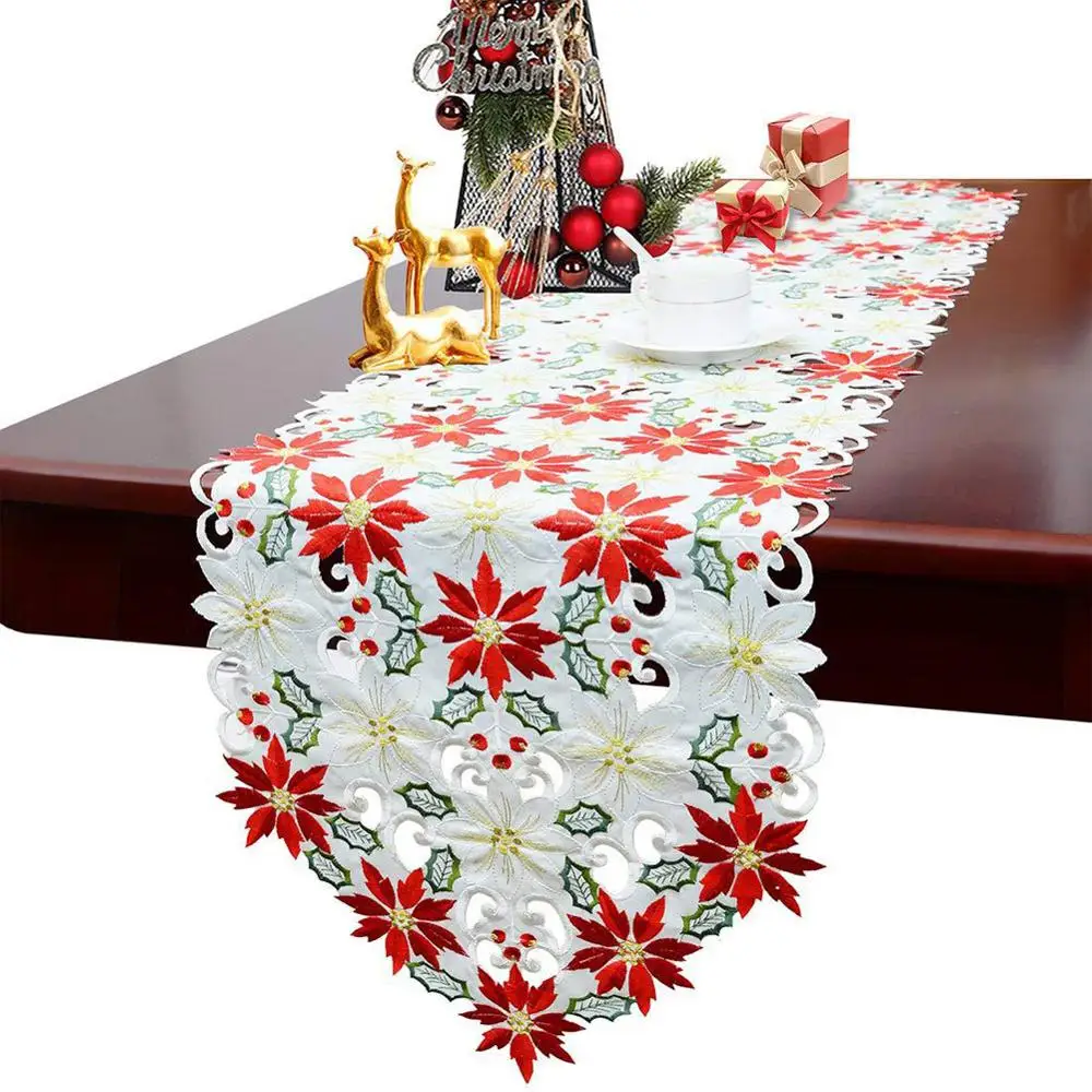 

Beautiful Christmas Embroidered Table Runner Hollow Embroidered Tablecloth Home Dining Table Coffee Table Decoration Tablecloth