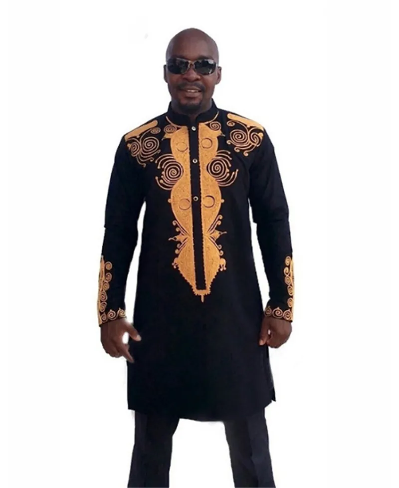 

2 Pieces Clothing Set Black Dashiki 3D Print Shirt Tops Trousers for Man African Ethnic Dashiki T-shirt Cotton Bazin Riche