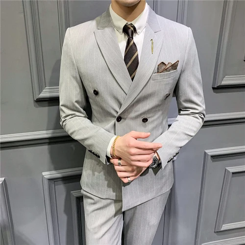 Light Grey Мужской деловой костюм из трех предметов, приталенный двубортный костюм, свадебные официальные костюмы, офисные, вечерние, банкетные костюмы - Цвет: Light Grey