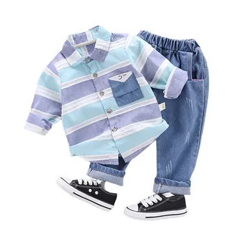 

New Spring Autumn Children Cotton Clothes Baby Boy Lattice T Shirts Denim Pants 2Pcs/sets Infant Kids Fashion Toddler Tracksuits