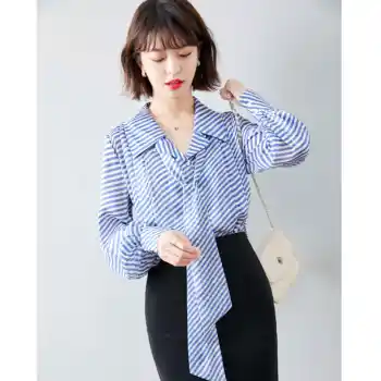 

COIGARSAM French Style Striped Shirt Womens tops Spring Vintage Chiffon Bow V-Neck Women shirts Blue 1046