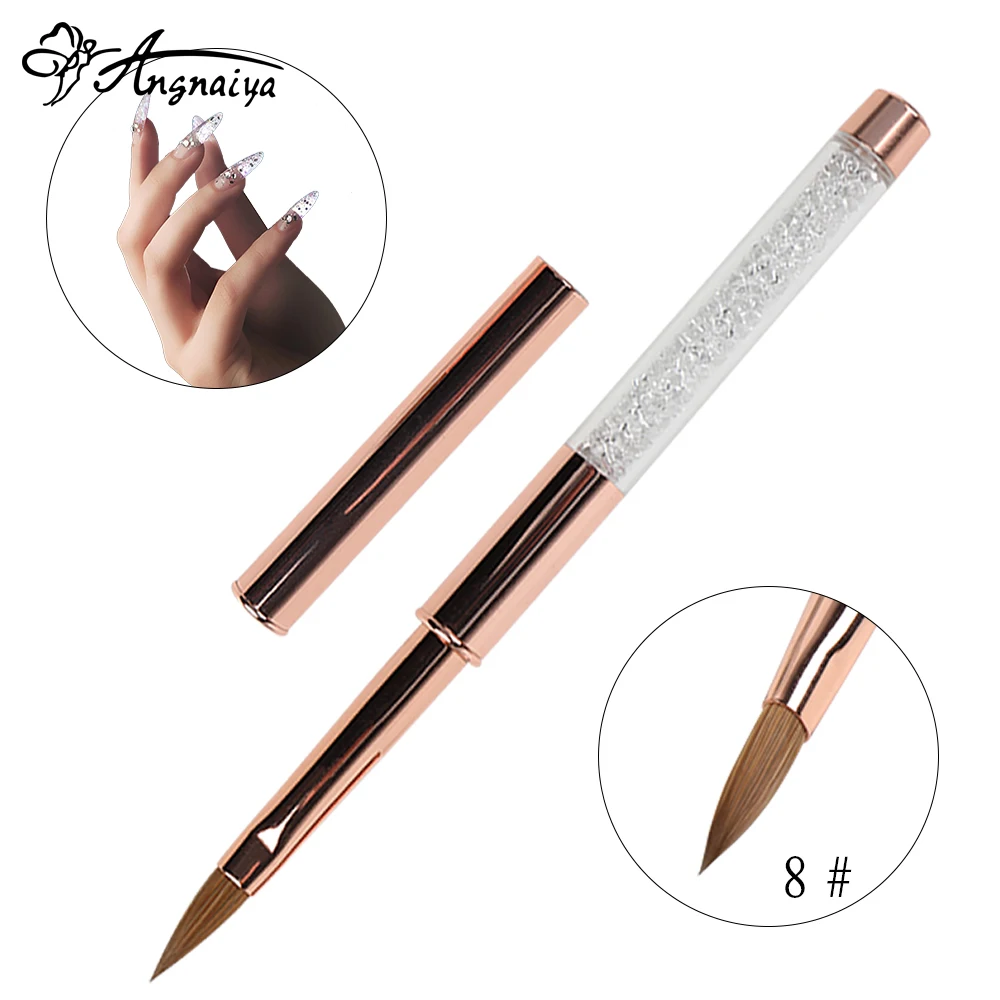 Angnya 100 Kolinsky Hair Nail Brush Crystal Pen Rose Gold Rhinestone
