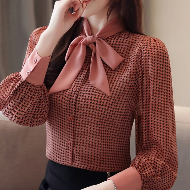 Office Blouse Top Chiffon Shirt Long-Sleeve Plaid Female Plus-Size Fashion Collor Bow