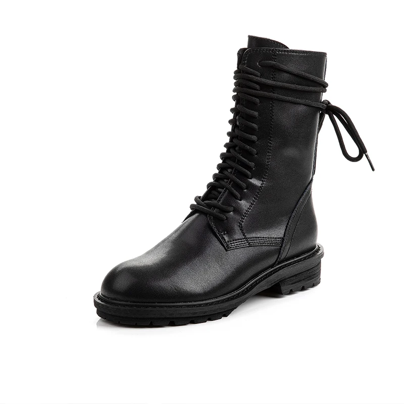

Autumn Winter Women Fashion Platform Mid Motorcycle Boots Woman Warm Snow Boots Round Toe Lace-Up Retro Trending Leather Boots