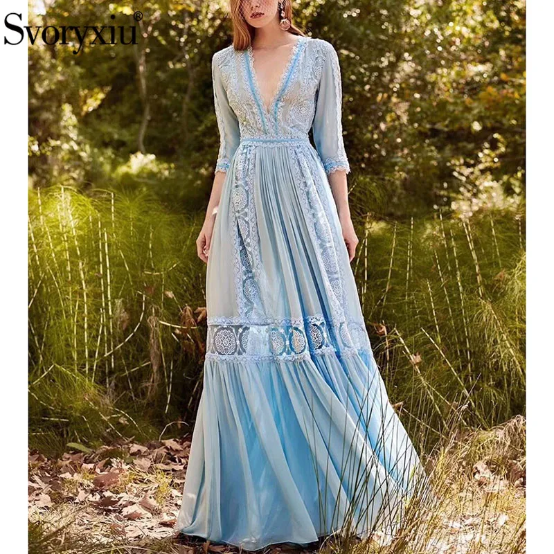 

Svoryxiu Designer Autumn Sexy V-Neck Party Maxi Dresses Women's Elegant 3/4 Sleeve Lace Embroidery Blue Maxi Long Dress Vestdios
