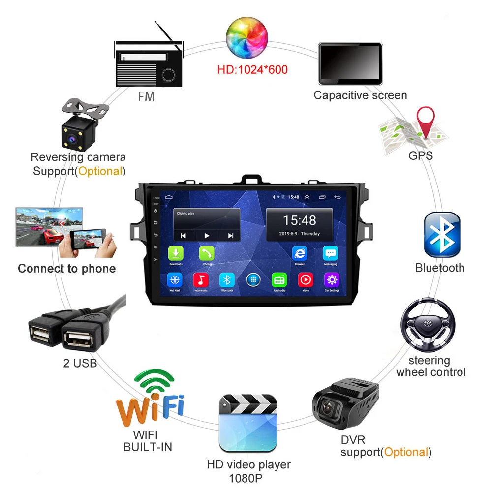  For Toyota Corolla 2007-2013 Car DVD player 4G Auto Radio Android 8.0 GPS Navigation Support Blueto