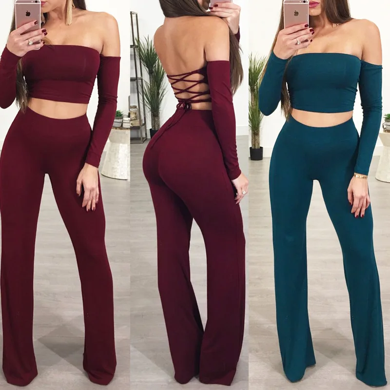 

Hot Selling Backless off-Shoulder Long Sleeve Tube Top Short Tops High-waisted Loose Pants Set