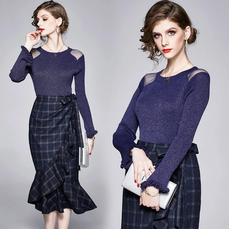 

Fashion Liangsi Sweater + Western Style Irregular Plaid Flounced Solid Skirt Fashion Leisure Suit