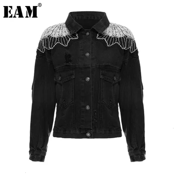 

[EAM] Loose Fit Rhinestone Nailed Black Denim Jacket New Lapel Long Sleeve Women Coat Fashion Tide Spring Autumn 2020 1K917