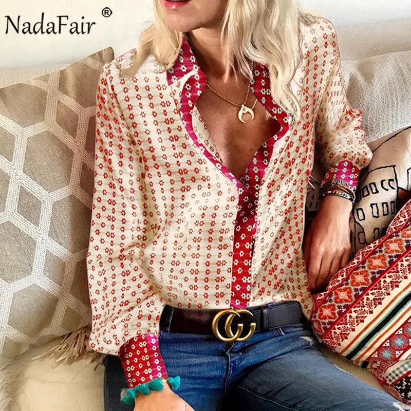  Nadafair Floral Vintage Satin Blouse Women 2019 Autumn Casual Tops Long Sleeve Elegant Plus Size Of