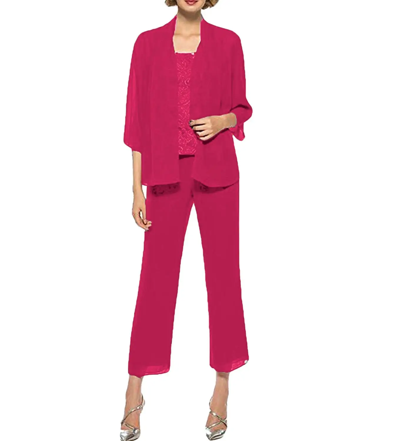 Fuchsia Женский комплект из 3 предметов: шифоновое и кружевное платье для матери невесты красного, кофейного, лавандового цвета, брюки, костюм с курткой, наряд с рукавами 3/4 - Цвет: Fuchsia