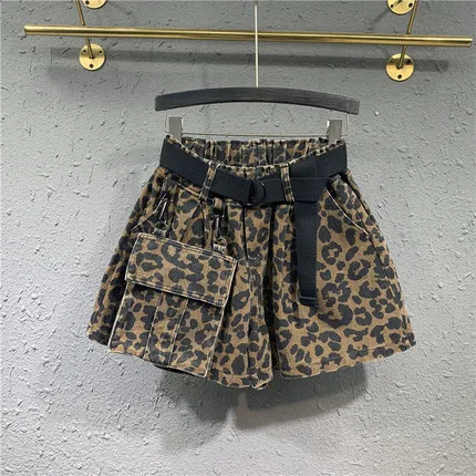 golf shorts Leopard Print Denim Shorts Women Fashion Pocket High Waist Jeans Shorts Female Summer Loose Wide leg Short Pants Jeans With Belt athletic shorts Shorts