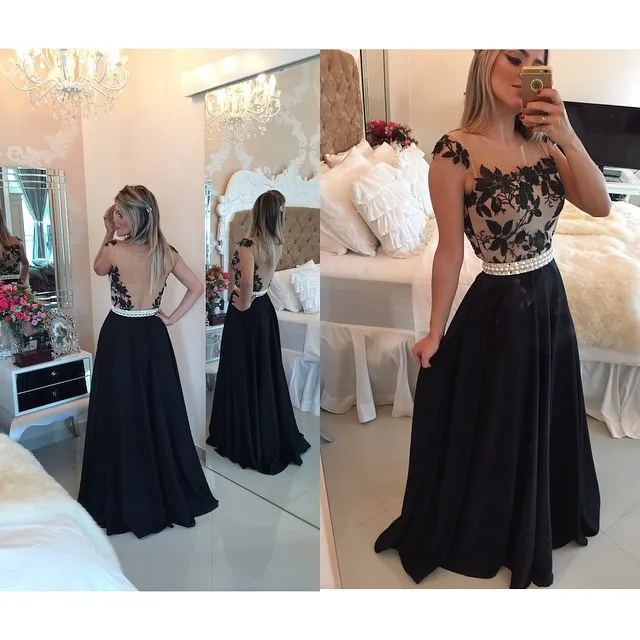 

Fancy Long Prom Back See Through Appliques Handmade Pearls Cap Sleeves A Line Black Floor Length Chiffon bridesmaid dresses