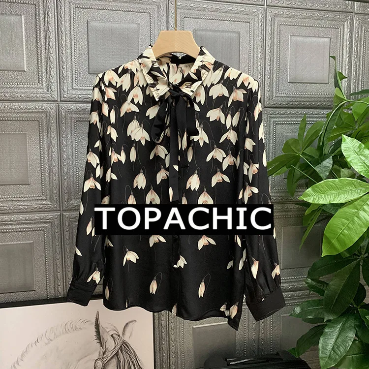 Новинка 12,19, Высококачественная шелковая рубашка для женщин, темпераментный принт, бант, воротник, длинный рукав, элегантные блузки
