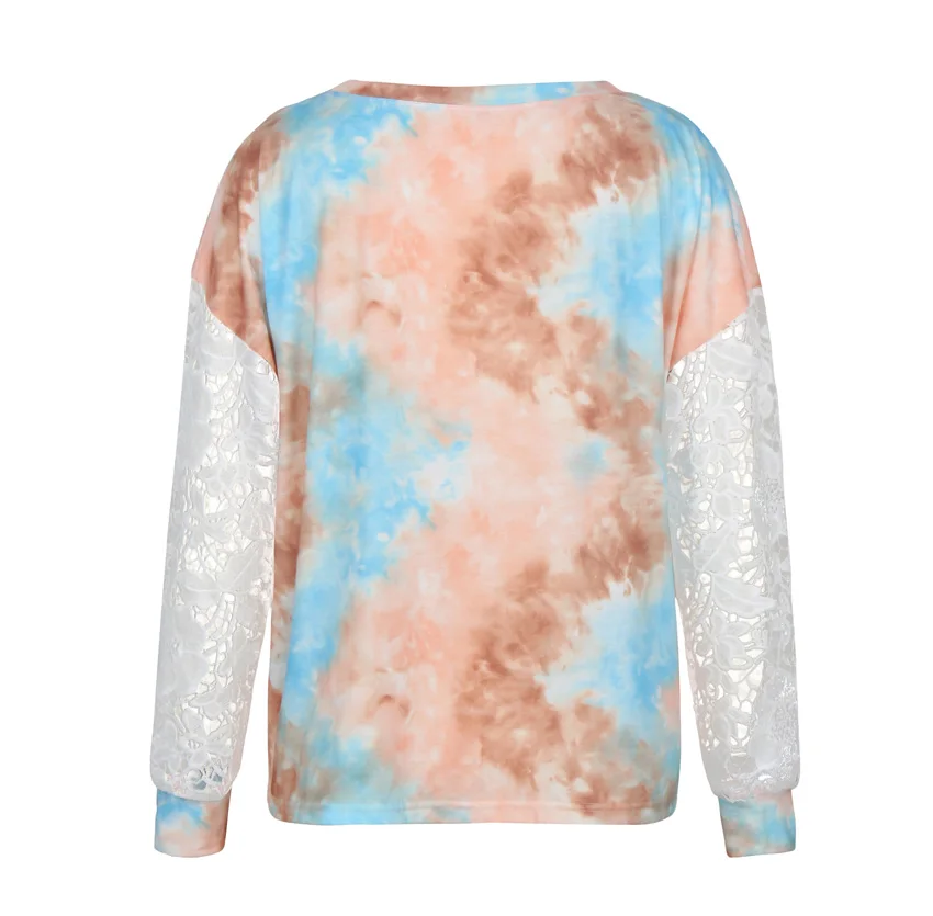 Jessie Vinson Long Sleeve T Shirt Women Chic Lace Sleeve Tie Dye Print Tshirt Autumn Casual Loose Tops Female Tee Clothing 2020