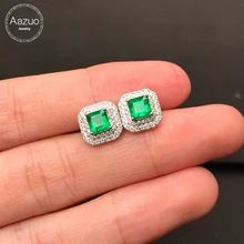 Aazuo Real 18K White Gold Natural Emerald 0.80ct Real Diamonds Square Stud Earrings gifted for Women Engagement Wedding Party