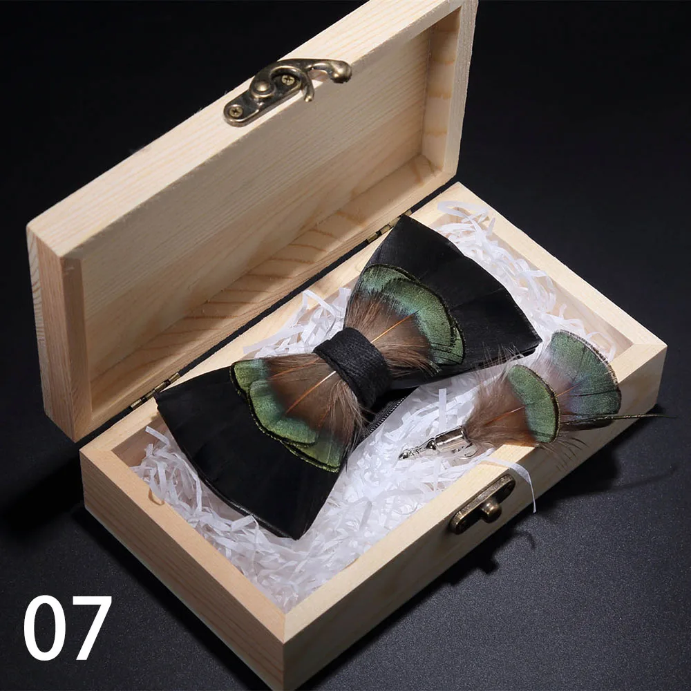 Ricnais зеленый красный птица перо галстук-бабочка натуральный ручной работы брошь-бант деревянная Подарочная коробка набор для мужчин деловые вечерние свадебные - Цвет: 07