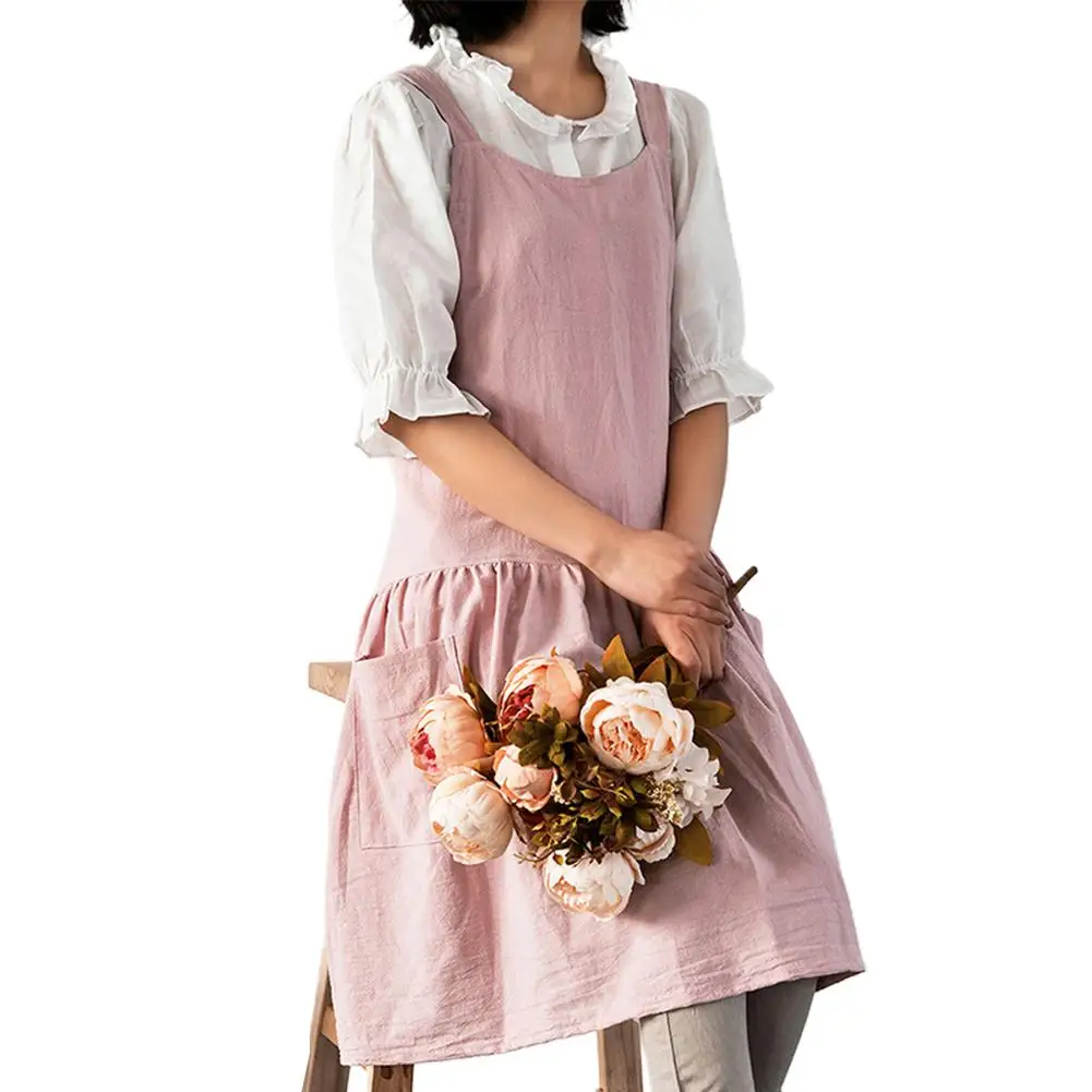 Women Antifouling Cross Back Pockets Cooking Baking Apron Dress Work Clothes Household Cleaning Tools Aprons Pockets Cross Back