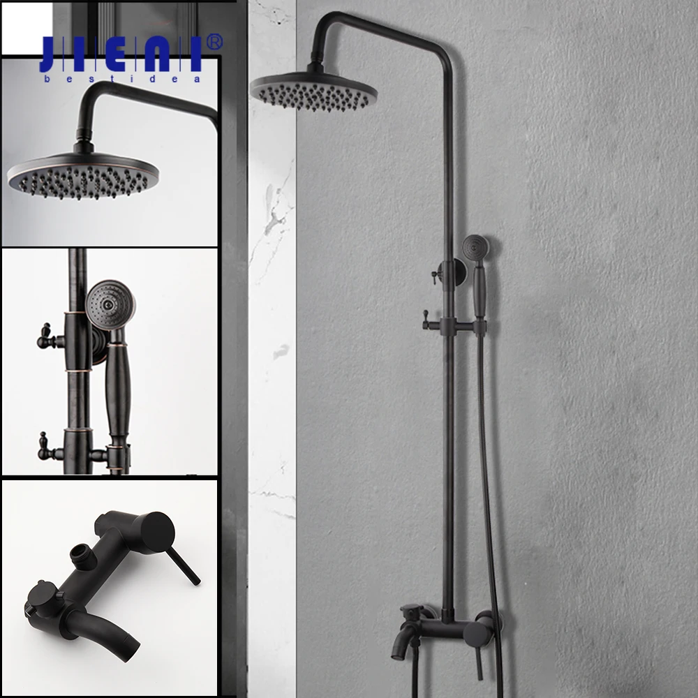 

JEINI Black ORB Bathroom Shower Set Rainfall Shower Head Bathtub Shower Mixer with Hand Shower Mop Spout Faucet Set