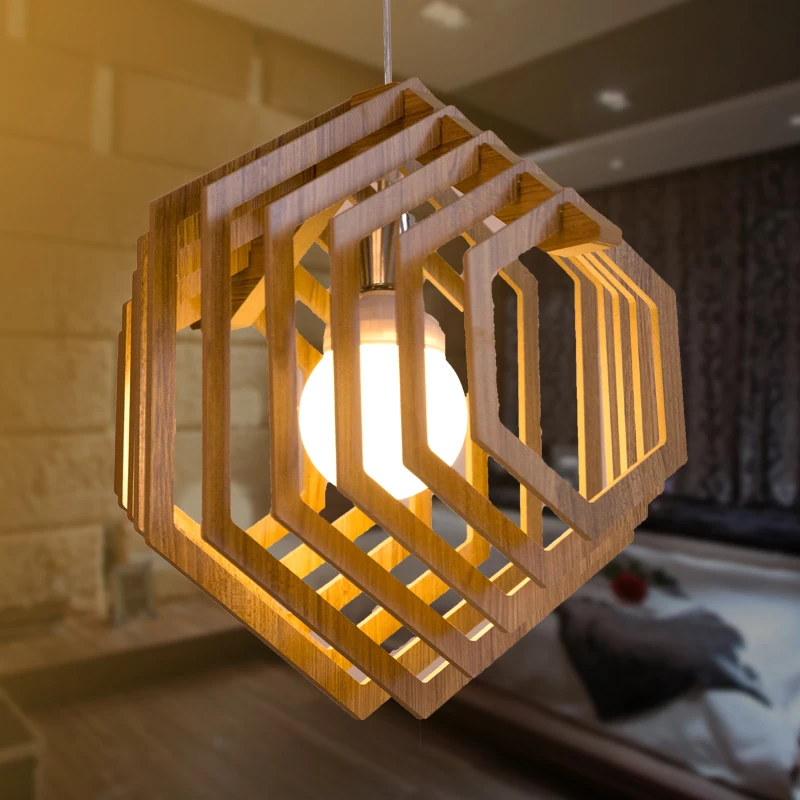 Japanese Loft Vintage Wood Pendant Lamp DIY Wooden Lampshade Creative Restaurant E27 Hanging Light LED Luminaire