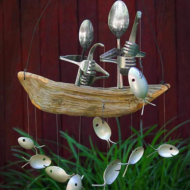 Fisherman's Spoon Wind Chimes, Fishing Man Spoon Fish Sculpture Wind Chime,  Fish Sculptures Windchime Indoor Outdoor, Home Garden Decor Hanging