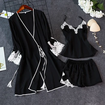 

3 Pieces Set Pajamas For Women Sexy Lace Trimmed Nightwear Pajamas Ladies V-neck Solid Color Sleepwear Suits Casual Home Clothes
